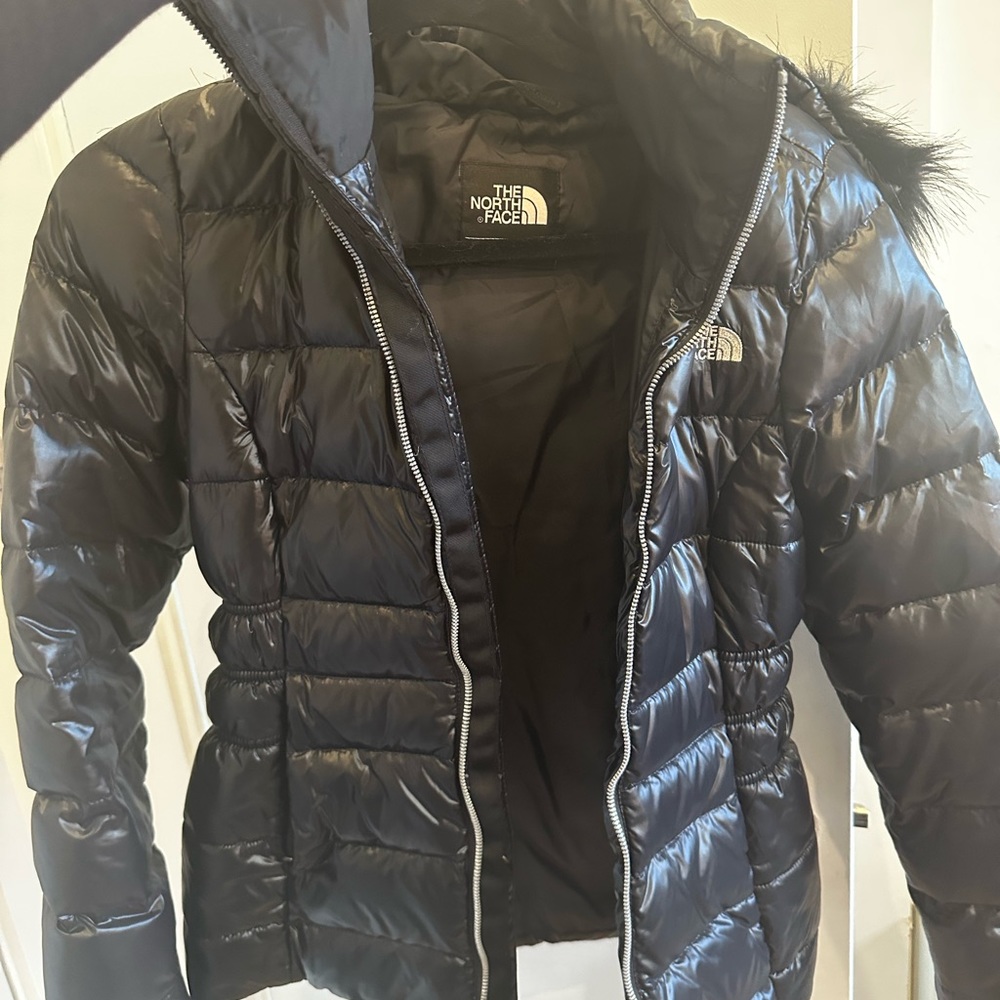 Black puffer North Face jacket with removable fur hood